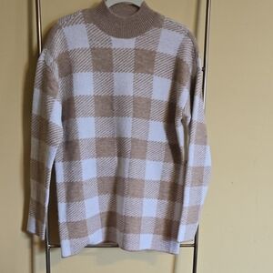 LOFT White and Tan Cowl Neck Sweater with Plaid Pattern